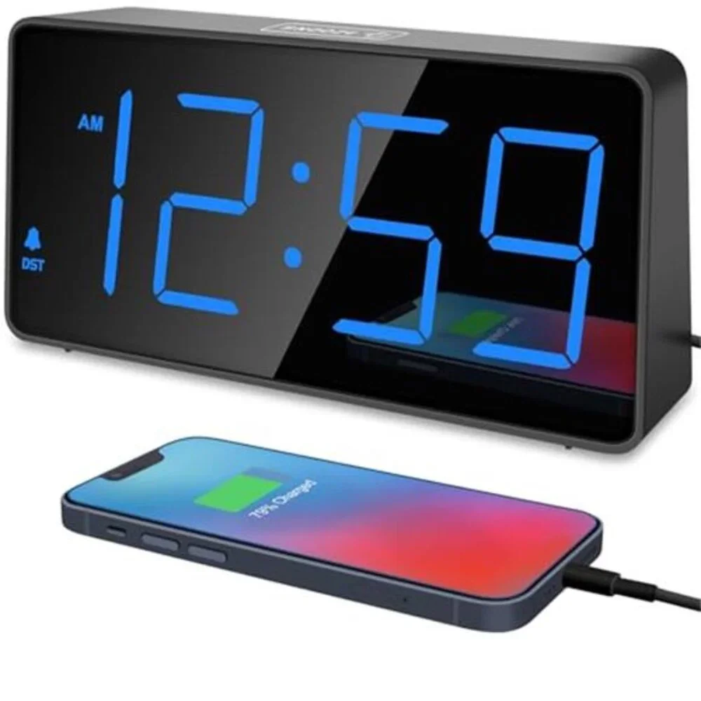 Digital Alarm Clock Large LED Numbers Loud Alarm USB Charger Bedside Clock Blue